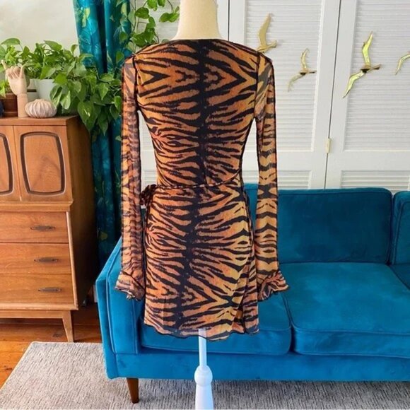 SOLD - Urban Outfitters | UO Ace Mesh Wrap Dress Brown Multi Animal Print Small - Picture 5 of 9